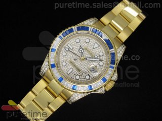 GMT Master II YG Diamond Paved Diamond Dial White/Blue Diamond Bezel on YG Bracelet