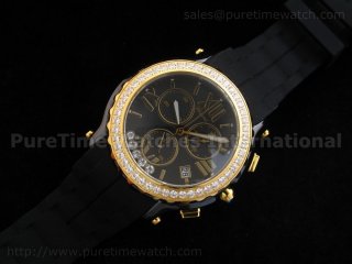 Happy Sport Chronograph Black Ceramic Diamond Gold Bezel