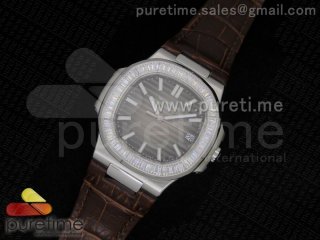 Nautilus SS Gray Dial Crystal Bezel on Brown Leather Strap A23J