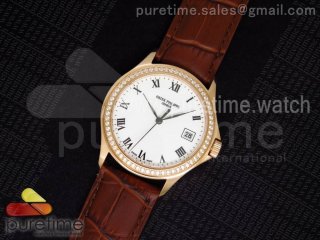 Calatrava Automatic RG White Dial Diamonds Bezel on Brown Leather Strap A324SC