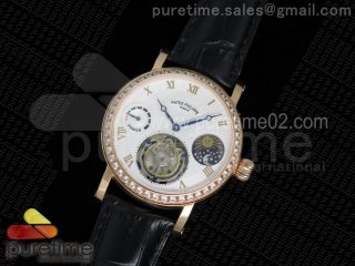 Classic Tourbillon RG White Textured Dial Diamonds Bezel on Black Leather Strap