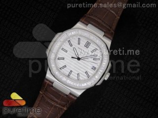 Nautilus SS White Dial Crystal Bezel on Brown Leather Strap A23J