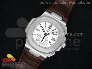 Nautilus Chrono SS White Textured Dial on Brown Leather Strap A7750