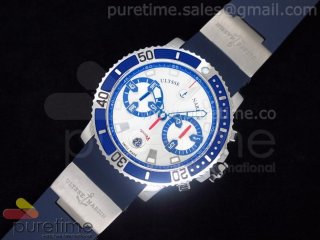 Maxi Marine Diver Chronograph SS White Dial Blue Bezel on Blue Rubber Strap A7750