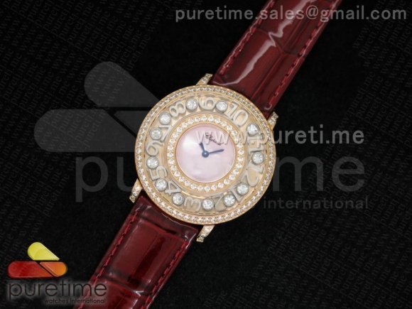 Happy Sport Diamonds RG Pink MOP Dial on Deep Red Leather Strap Swiss Quartz