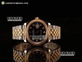 Rolex Datejust 37mm Swiss ETA 2836 Automatic Two Tone with Black Dial and Diamods Markers Diamonds Bezel