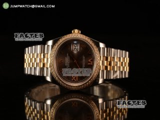 Rolex Datejust 37mm Swiss ETA 2836 Automatic Two Tone with Pink Dial and Roman Markers Diamonds Bezel