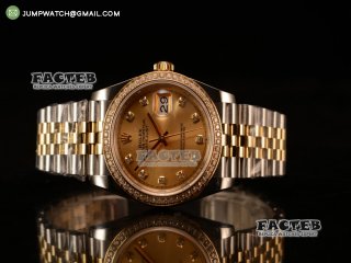 Rolex Datejust 37mm Swiss ETA 2836 Automatic Two Tone with Gold Dial and Diamods Markers Diamonds Bezel