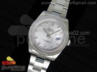 DateJust II SS Fluted Bezel Silver Dial Diamonds Markers on SS Bracelet A3136