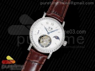 Classic Tourbillon SS GMT White Textured Dial Diamonds Bezel on Brown Leather Strap