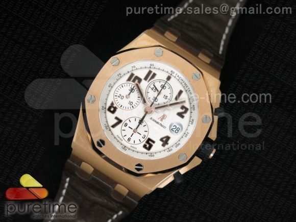 Royal Oak Offshore Rose Gold JF Best Edition White Dial on Brown Leather Strap A7750